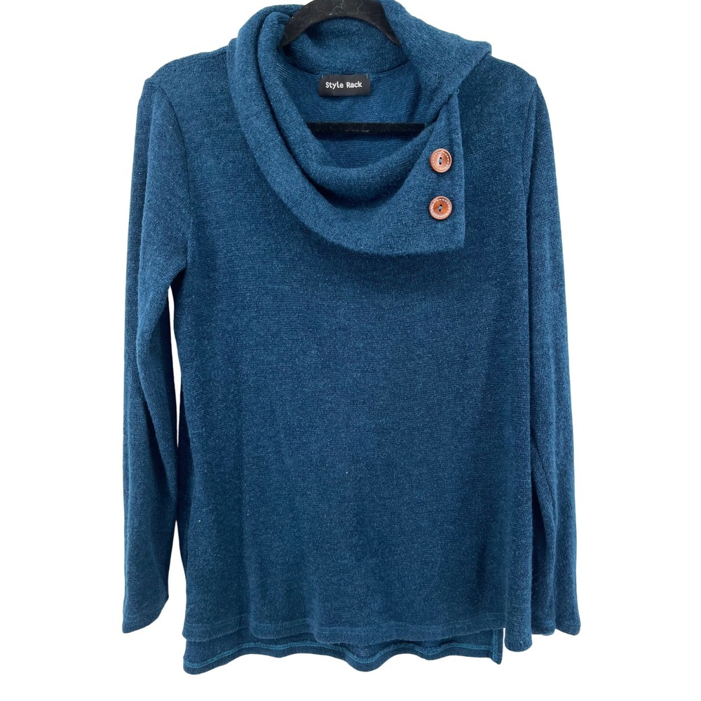 Style Rack Teal Blue Cowl Neck Pullover Sweater Buttons Long Sleeve Angora woolM